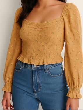 American Eagle Mustard Floral Smocked Crop Top